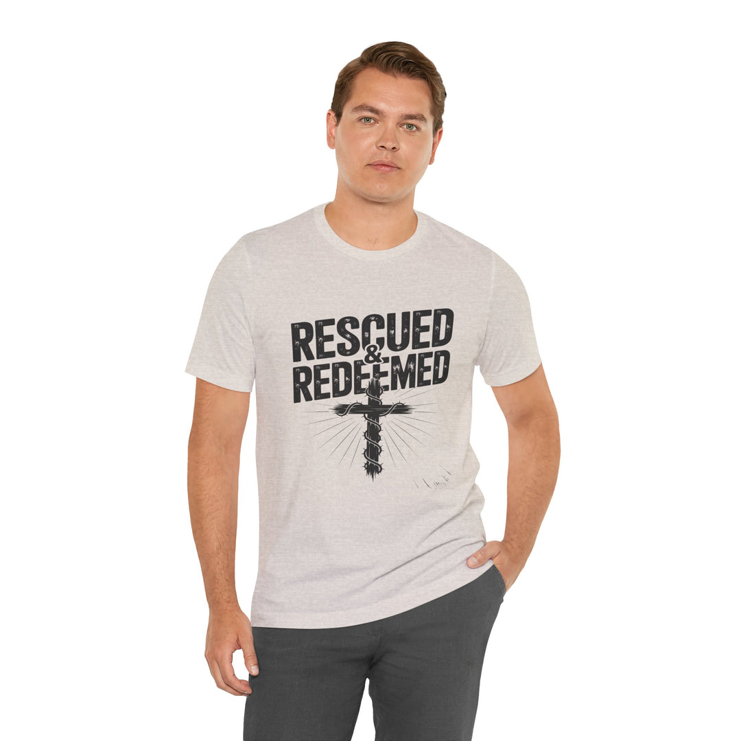 Faith-Inspired Unisex Jersey Tee - Rescued & Redeemed, Christian T-Shirt, Inspirational Apparel, Gift for Believers, Casual Wear