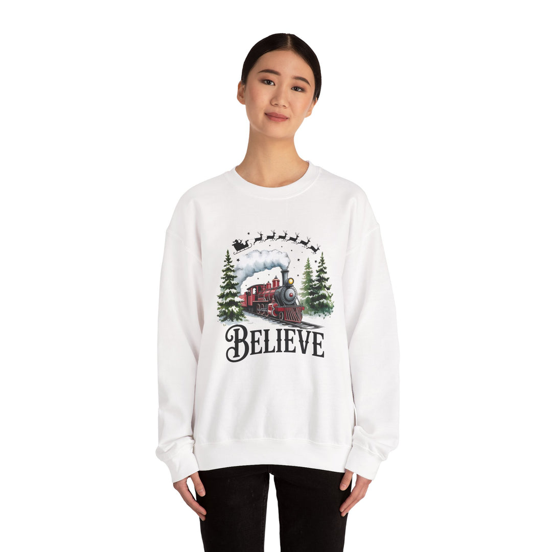 Believe Train Sweatshirt, Cozy Winter Crewneck, Christmas Gift, Holiday Apparel, Unisex Fleece