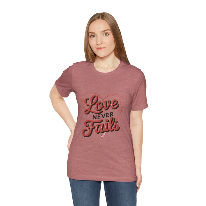 Love Never Fails – 1 Corinthians 13 Retro Heart T-Shirt