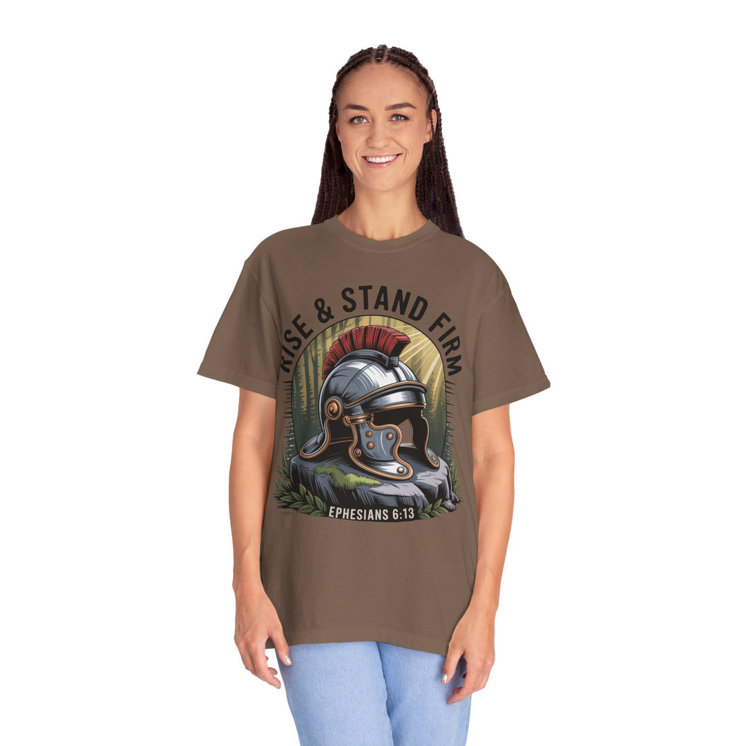 Faithful Warrior Unisex T-shirt - Rise & Stand Firm with Roman Helmet Design