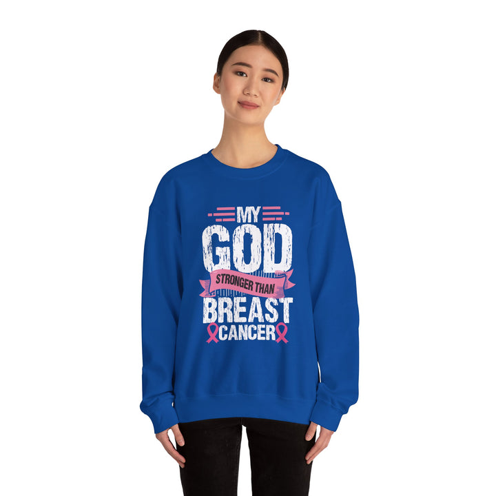 Breast Cancer Awareness Crewneck Sweatshirt, God is Stronger Than Breast Cancer, Inspirational Gift, Unisex Pullover, Support Awareness