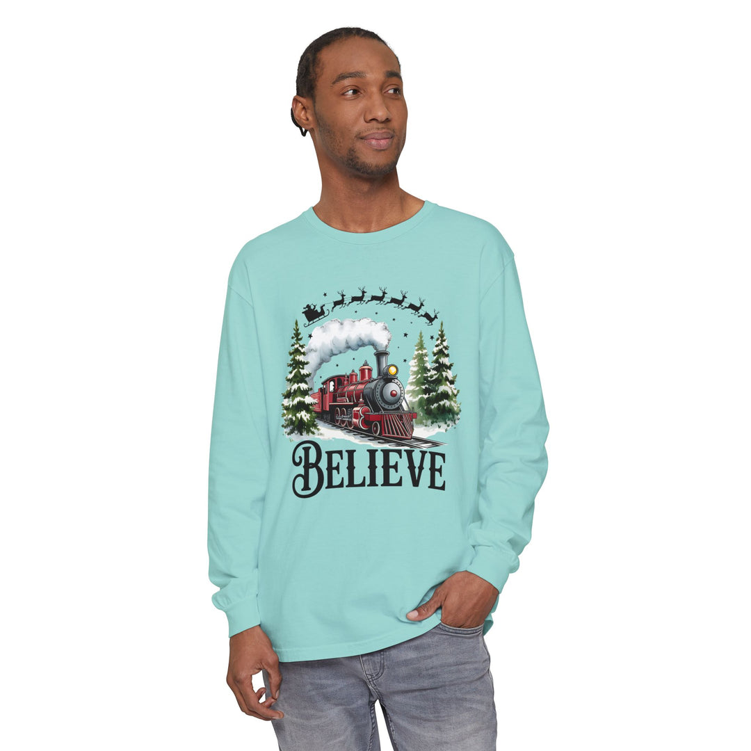 Believe Santa Train Long Sleeve Tee, Cozy Gift for Christmas, Unisex Shirt, Holiday Apparel, Festive Outfit, Winter Wear, Seasonal T-Shirt