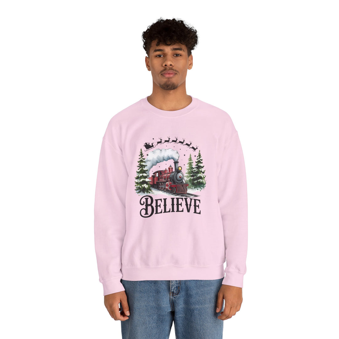 Believe Train Sweatshirt, Cozy Winter Crewneck, Christmas Gift, Holiday Apparel, Unisex Fleece