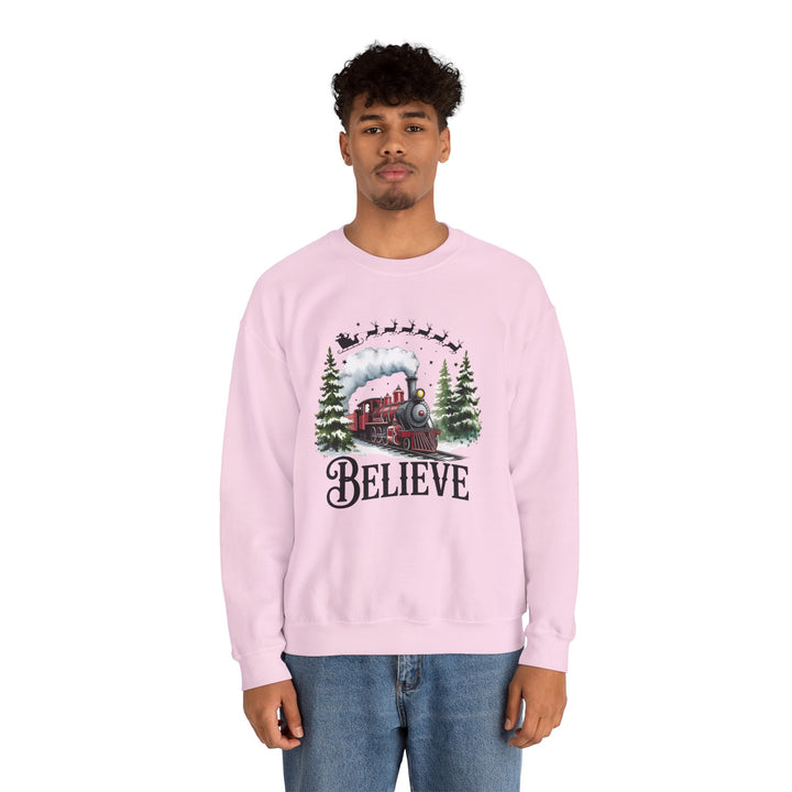 Believe Train Sweatshirt, Cozy Winter Crewneck, Christmas Gift, Holiday Apparel, Unisex Fleece