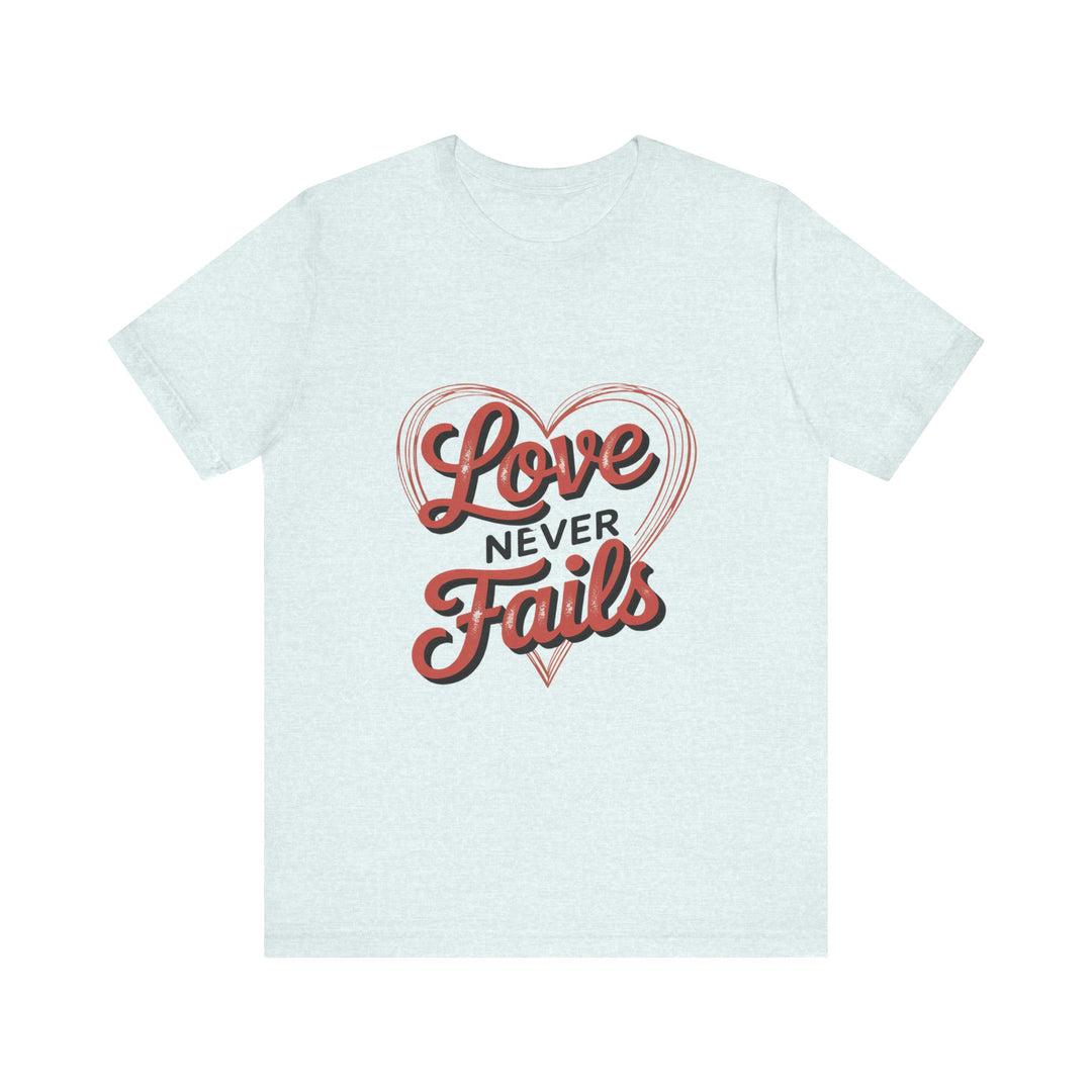 Love Never Fails – 1 Corinthians 13 Retro Heart T-Shirt