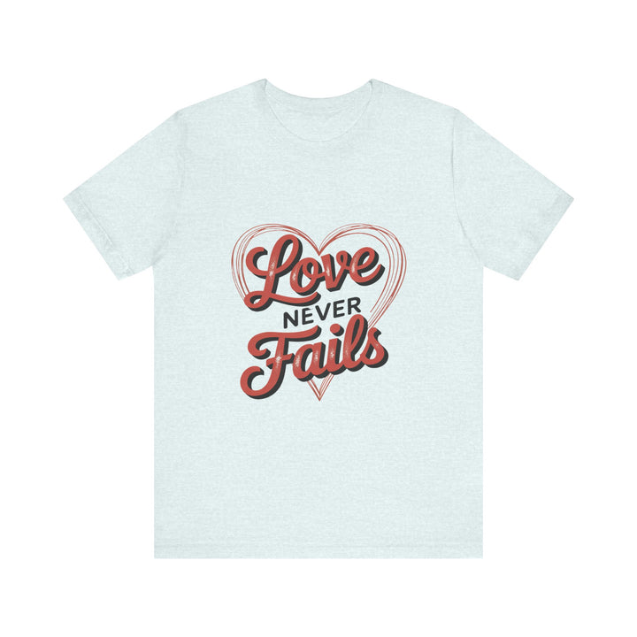 Love Never Fails – 1 Corinthians 13 Retro Heart T-Shirt