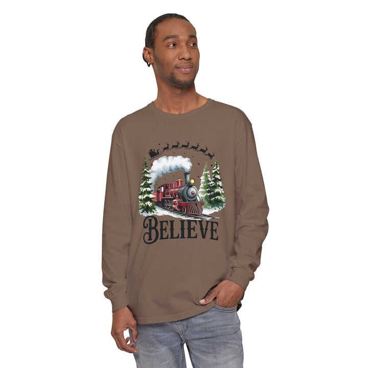 Believe Santa Train Long Sleeve Tee, Cozy Gift for Christmas, Unisex Shirt, Holiday Apparel, Festive Outfit, Winter Wear, Seasonal T-Shirt