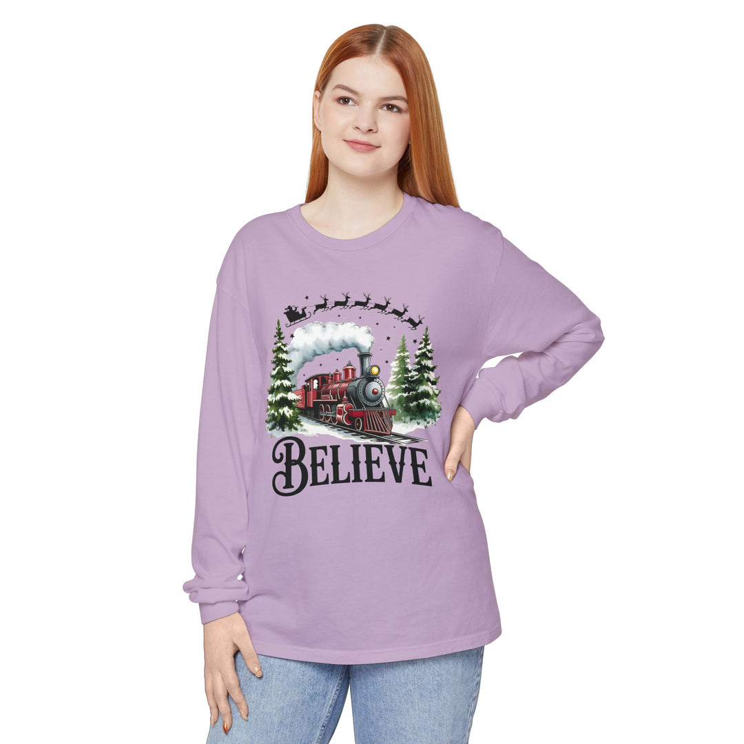 Believe Santa Train Long Sleeve Tee, Cozy Gift for Christmas, Unisex Shirt, Holiday Apparel, Festive Outfit, Winter Wear, Seasonal T-Shirt