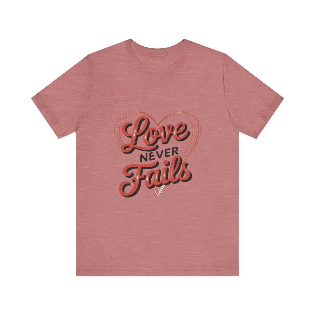 Love Never Fails – 1 Corinthians 13 Retro Heart T-Shirt