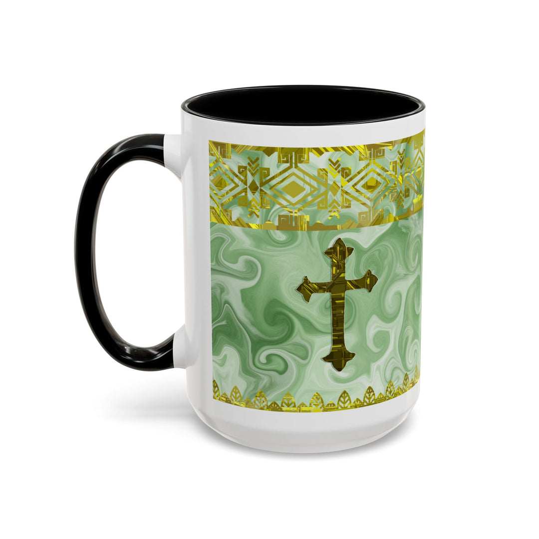 Gold Cross on Mint Marble – Elegant Christian Mug