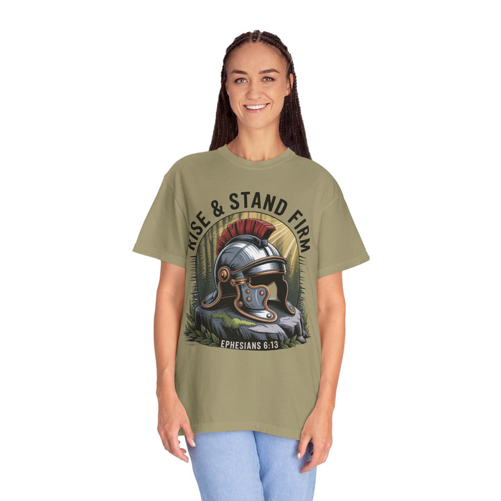 Faithful Warrior Unisex T-shirt - Rise & Stand Firm with Roman Helmet Design