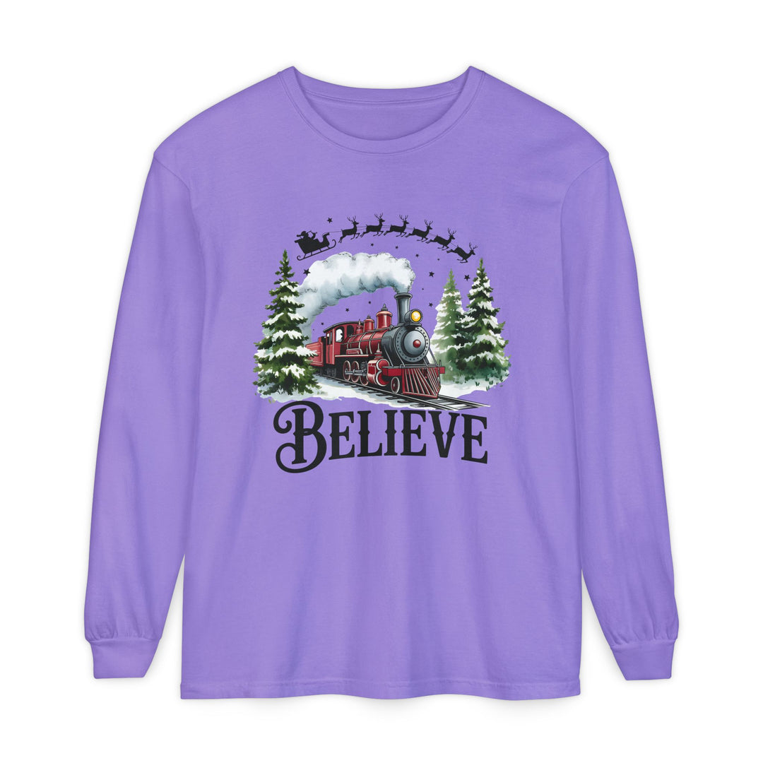 Believe Santa Train Long Sleeve Tee, Cozy Gift for Christmas, Unisex Shirt, Holiday Apparel, Festive Outfit, Winter Wear, Seasonal T-Shirt