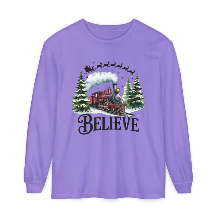 Believe Santa Train Long Sleeve Tee, Cozy Gift for Christmas, Unisex Shirt, Holiday Apparel, Festive Outfit, Winter Wear, Seasonal T-Shirt