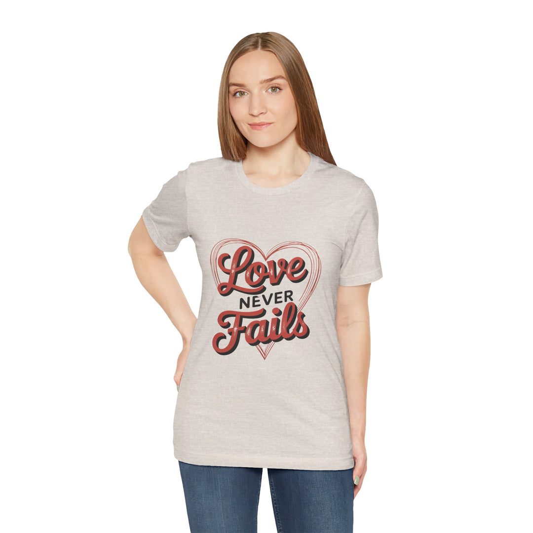 Love Never Fails – 1 Corinthians 13 Retro Heart T-Shirt