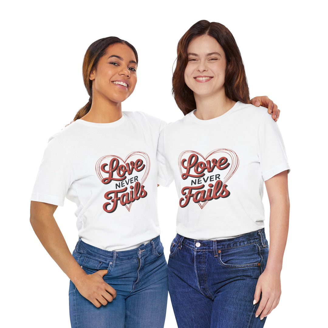 Love Never Fails – 1 Corinthians 13 Retro Heart T-Shirt