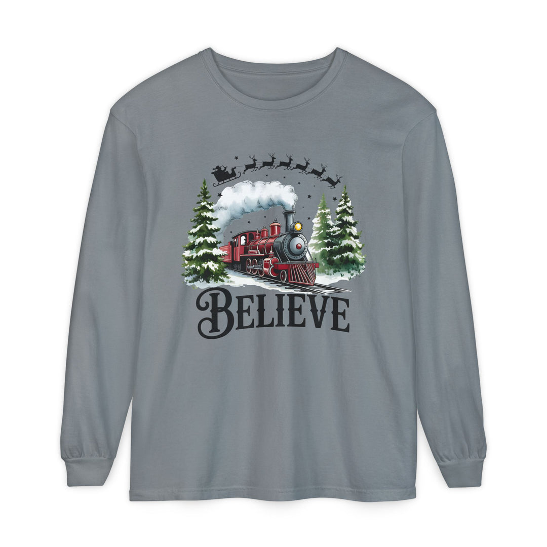Believe Santa Train Long Sleeve Tee, Cozy Gift for Christmas, Unisex Shirt, Holiday Apparel, Festive Outfit, Winter Wear, Seasonal T-Shirt