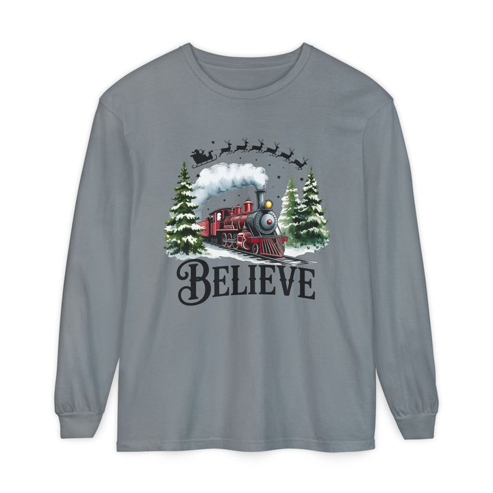 Believe Santa Train Long Sleeve Tee, Cozy Gift for Christmas, Unisex Shirt, Holiday Apparel, Festive Outfit, Winter Wear, Seasonal T-Shirt