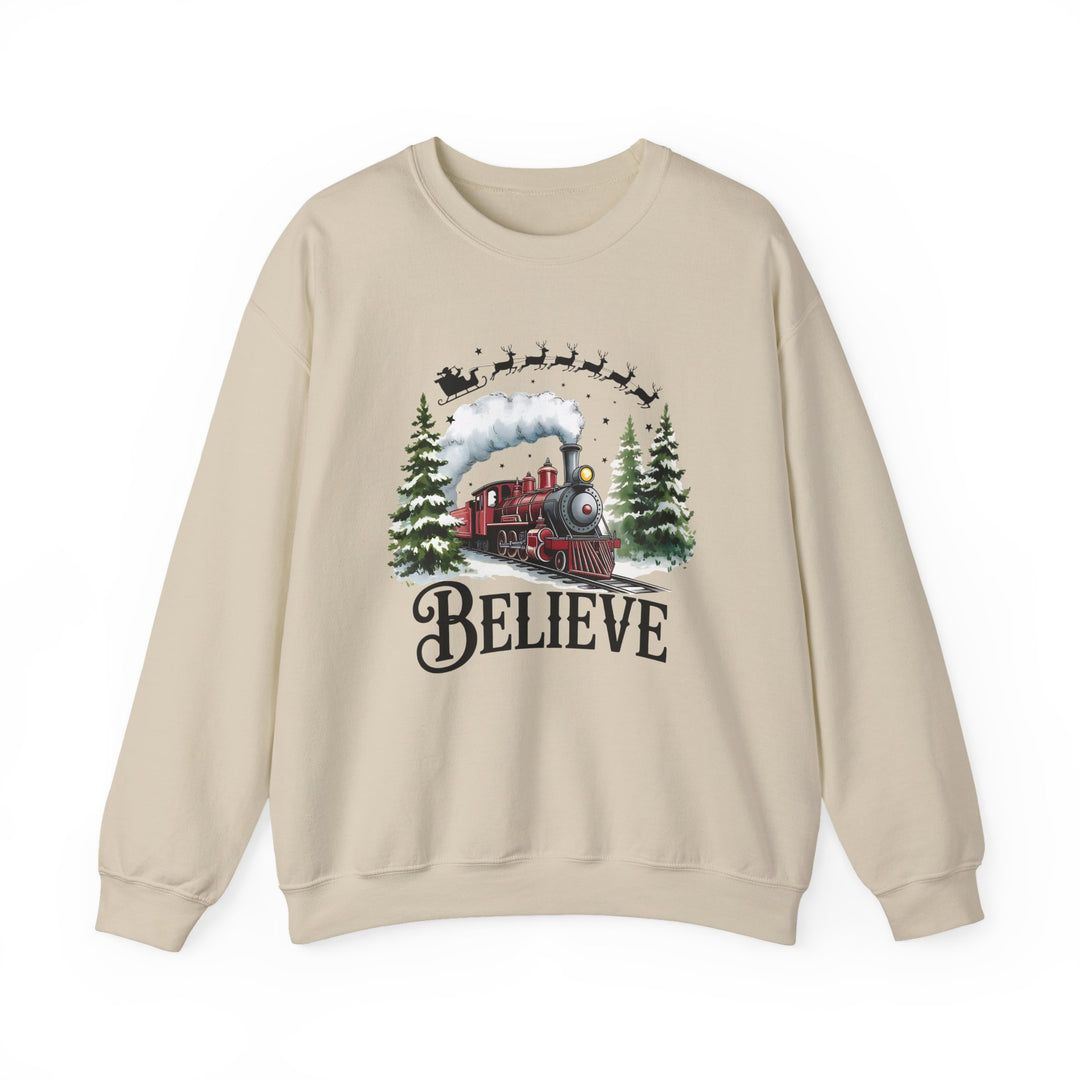 Believe Train Sweatshirt, Cozy Winter Crewneck, Christmas Gift, Holiday Apparel, Unisex Fleece