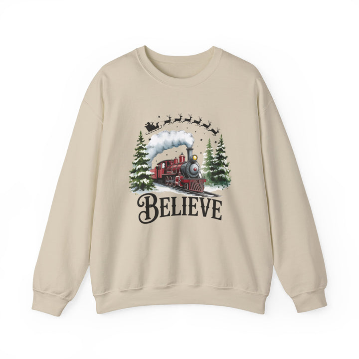 Believe Train Sweatshirt, Cozy Winter Crewneck, Christmas Gift, Holiday Apparel, Unisex Fleece