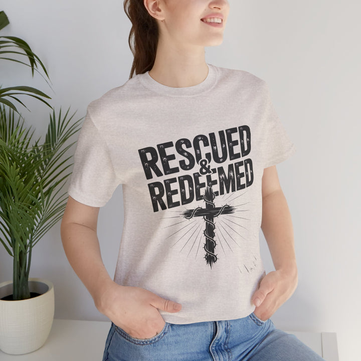 Faith-Inspired Unisex Jersey Tee - Rescued & Redeemed, Christian T-Shirt, Inspirational Apparel, Gift for Believers, Casual Wear