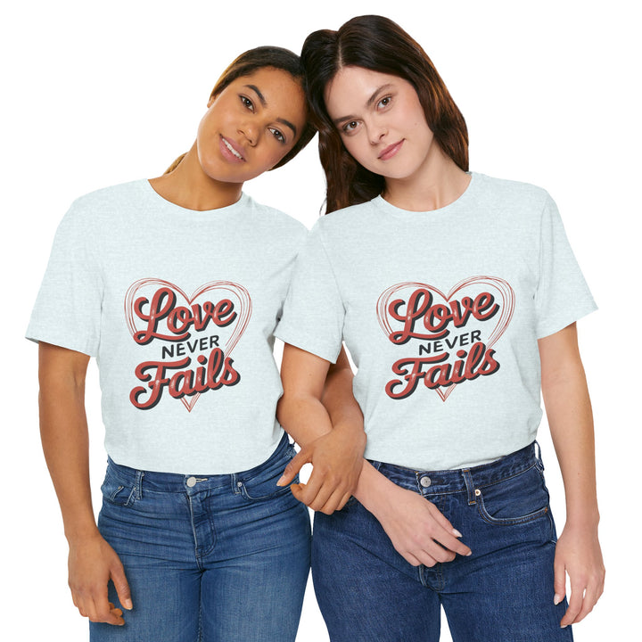 Love Never Fails – 1 Corinthians 13 Retro Heart T-Shirt