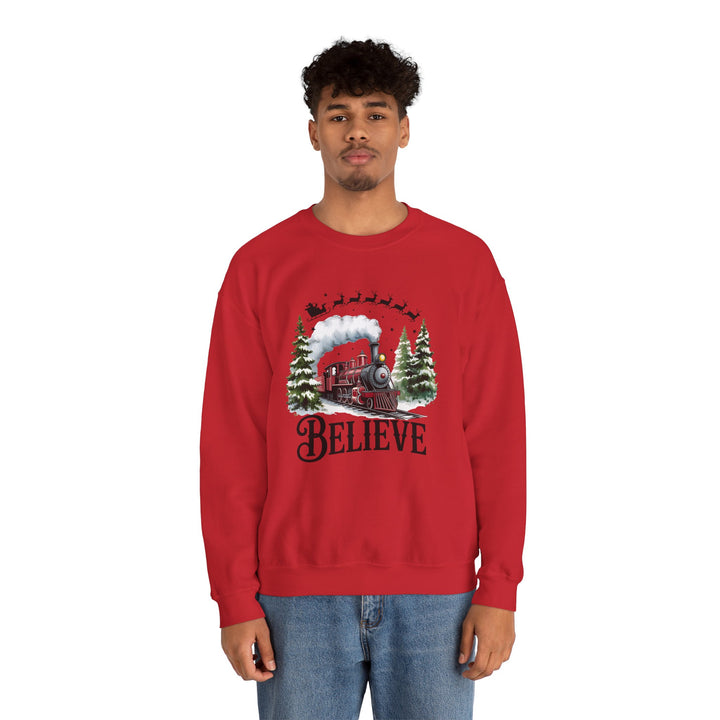 Believe Train Sweatshirt, Cozy Winter Crewneck, Christmas Gift, Holiday Apparel, Unisex Fleece