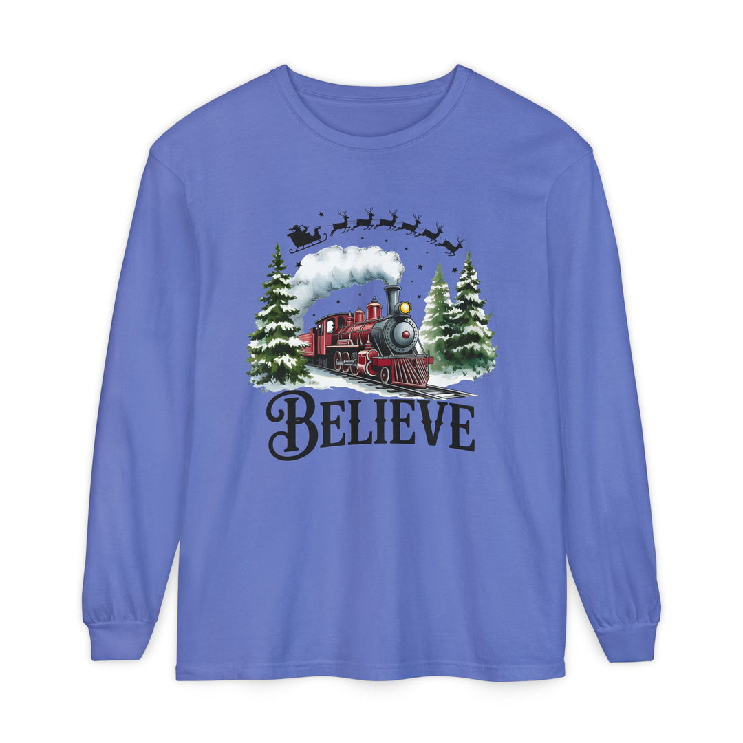 Believe Santa Train Long Sleeve Tee, Cozy Gift for Christmas, Unisex Shirt, Holiday Apparel, Festive Outfit, Winter Wear, Seasonal T-Shirt