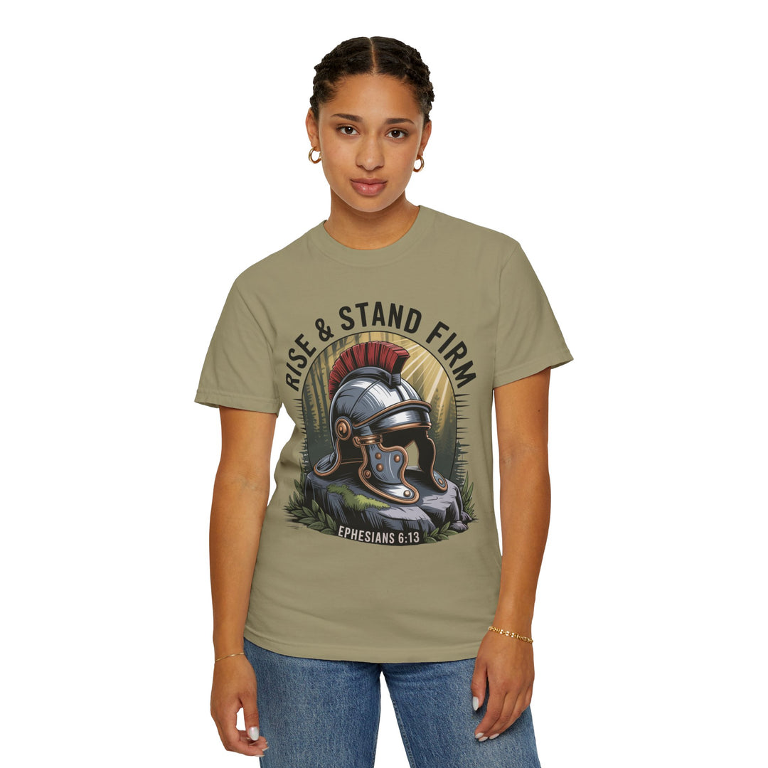 Faithful Warrior Unisex T-shirt - Rise & Stand Firm with Roman Helmet Design