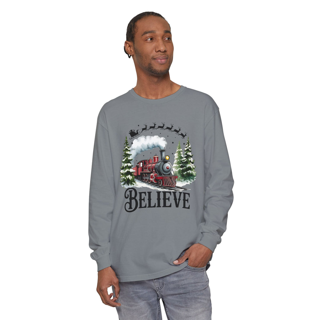 Believe Santa Train Long Sleeve Tee, Cozy Gift for Christmas, Unisex Shirt, Holiday Apparel, Festive Outfit, Winter Wear, Seasonal T-Shirt