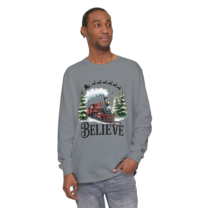 Believe Santa Train Long Sleeve Tee, Cozy Gift for Christmas, Unisex Shirt, Holiday Apparel, Festive Outfit, Winter Wear, Seasonal T-Shirt