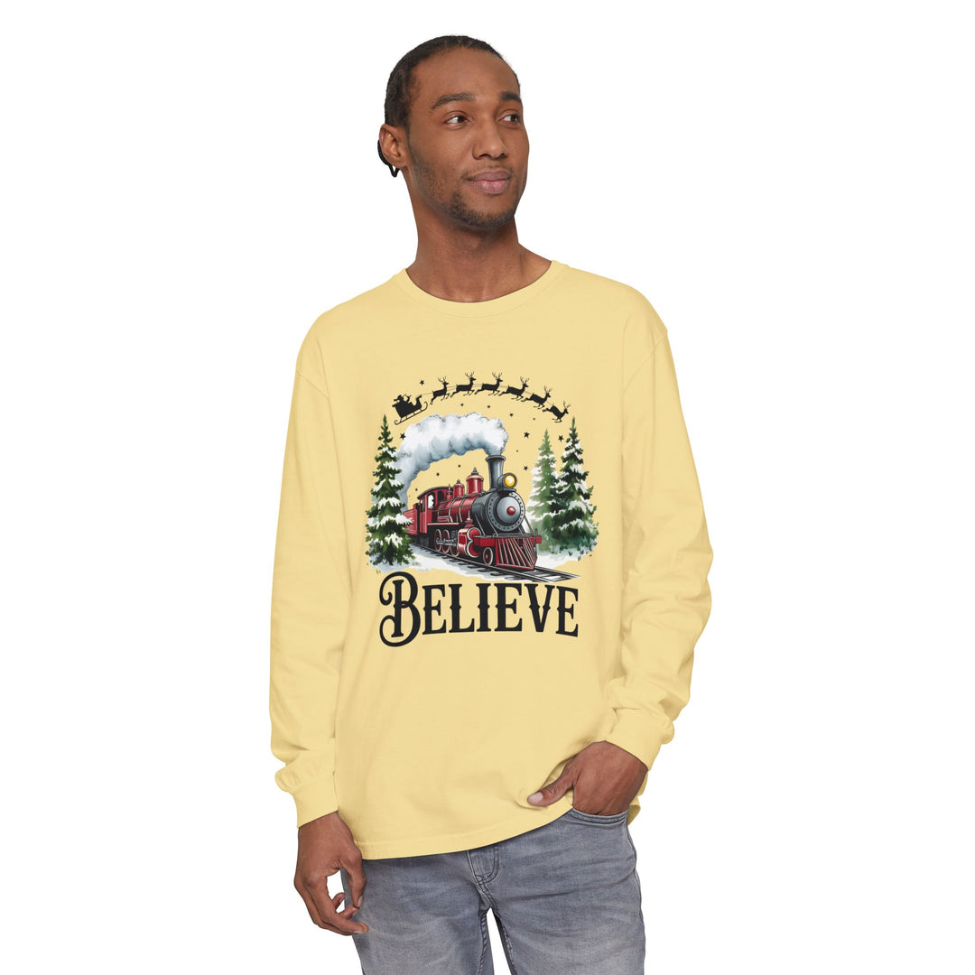 Believe Santa Train Long Sleeve Tee, Cozy Gift for Christmas, Unisex Shirt, Holiday Apparel, Festive Outfit, Winter Wear, Seasonal T-Shirt