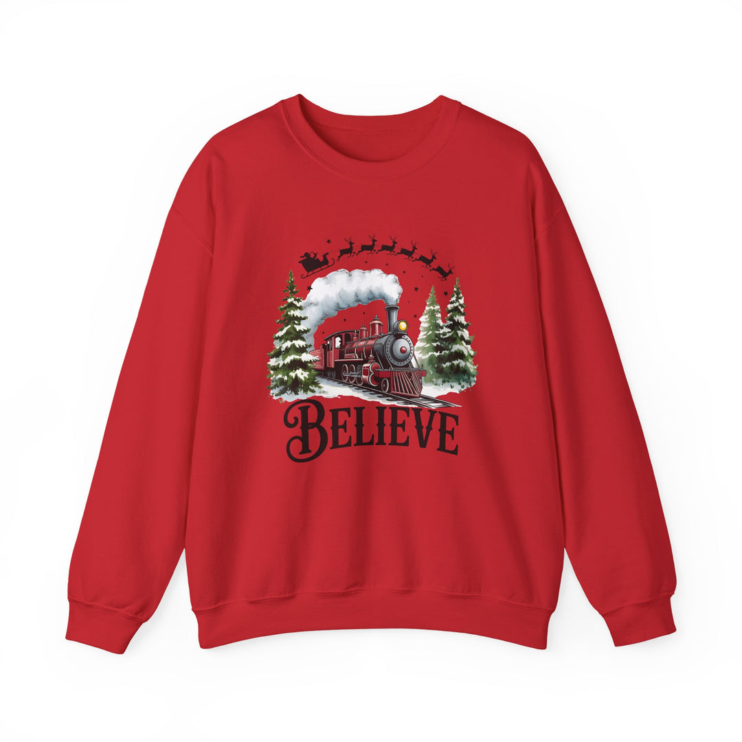 Believe Train Sweatshirt, Cozy Winter Crewneck, Christmas Gift, Holiday Apparel, Unisex Fleece