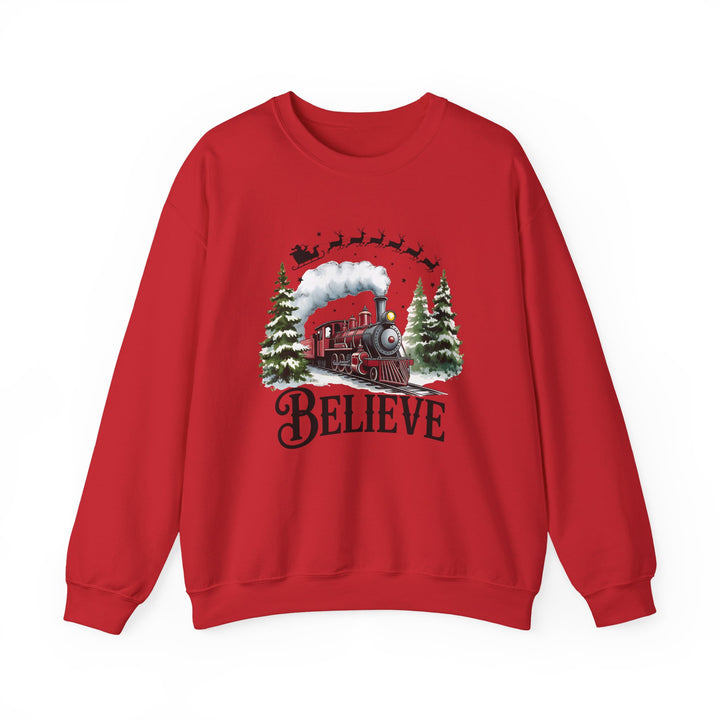 Believe Train Sweatshirt, Cozy Winter Crewneck, Christmas Gift, Holiday Apparel, Unisex Fleece