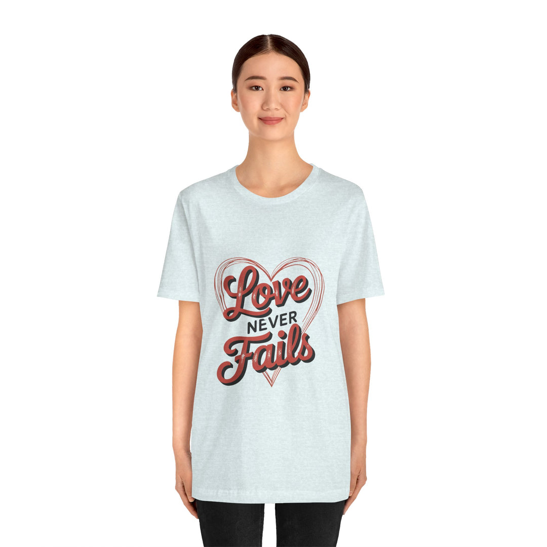 Love Never Fails – 1 Corinthians 13 Retro Heart T-Shirt