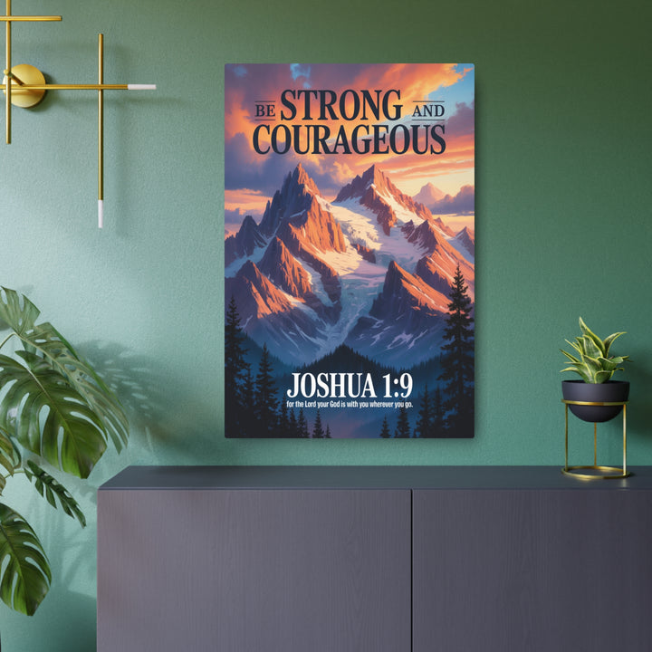"Be Strong and Courageous - Joshua 1:9" - Mountain Sunrise Metal Wall Art