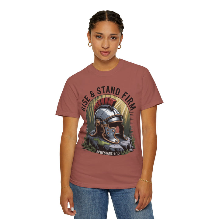 Faithful Warrior Unisex T-shirt - Rise & Stand Firm with Roman Helmet Design