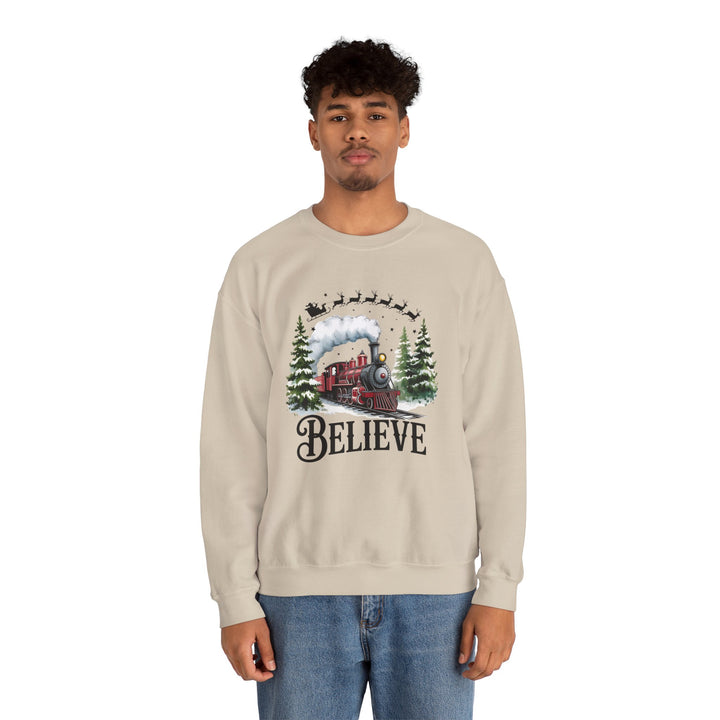 Believe Train Sweatshirt, Cozy Winter Crewneck, Christmas Gift, Holiday Apparel, Unisex Fleece