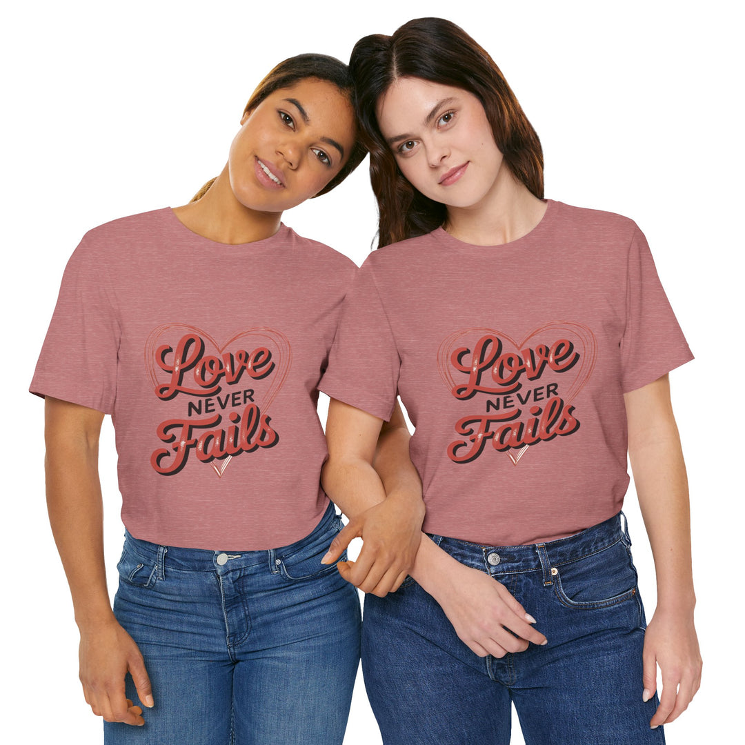 Love Never Fails – 1 Corinthians 13 Retro Heart T-Shirt