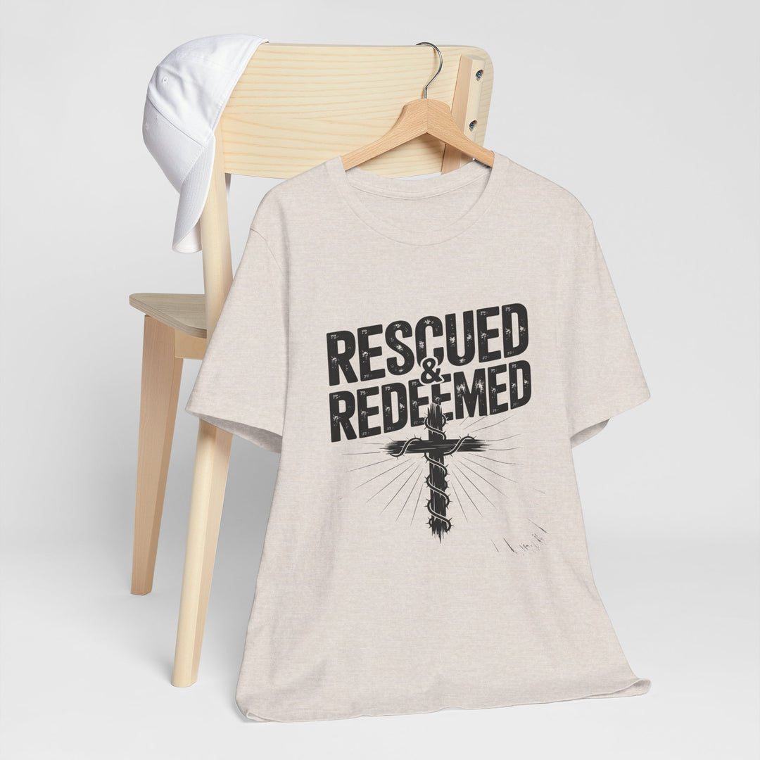 Faith-Inspired Unisex Jersey Tee - Rescued & Redeemed, Christian T-Shirt, Inspirational Apparel, Gift for Believers, Casual Wear