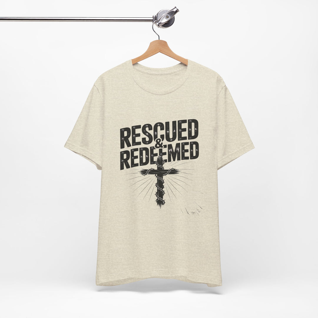 Faith-Inspired Unisex Jersey Tee - Rescued & Redeemed, Christian T-Shirt, Inspirational Apparel, Gift for Believers, Casual Wear