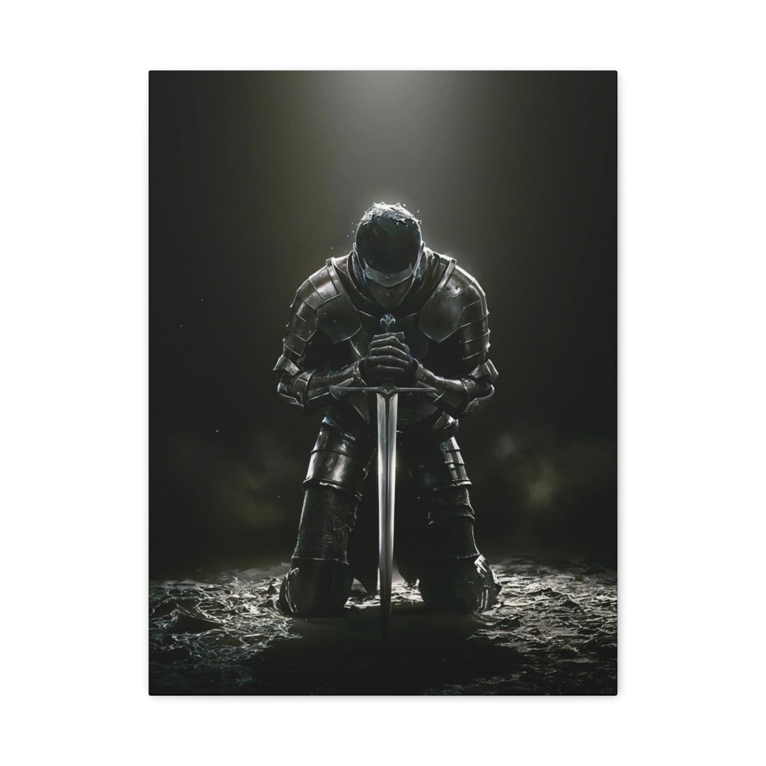Kneeling Knight Matte Canvas Print — Dark Medieval Armor Sword Wall Art