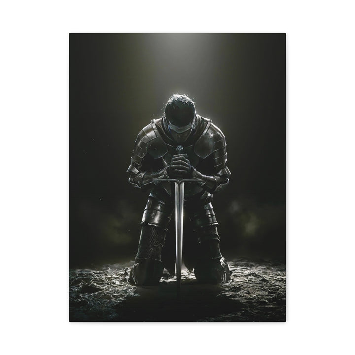 Kneeling Knight Matte Canvas Print — Dark Medieval Armor Sword Wall Art