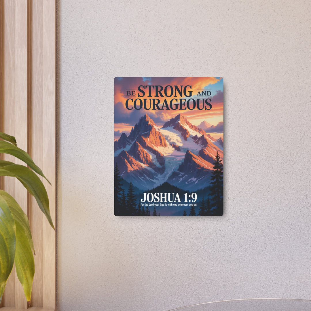 "Be Strong and Courageous - Joshua 1:9" - Mountain Sunrise Metal Wall Art