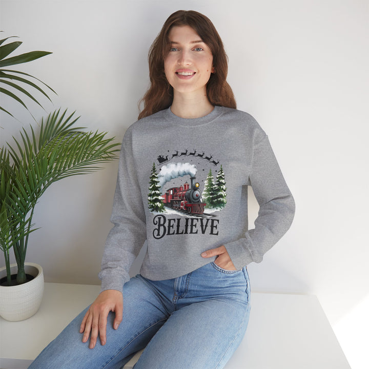 Believe Train Sweatshirt, Cozy Winter Crewneck, Christmas Gift, Holiday Apparel, Unisex Fleece