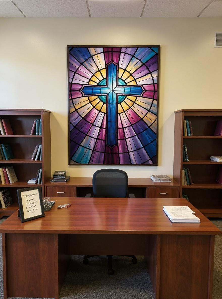 "Stained Glass Cross" - Church Window Style Metal Wall Art