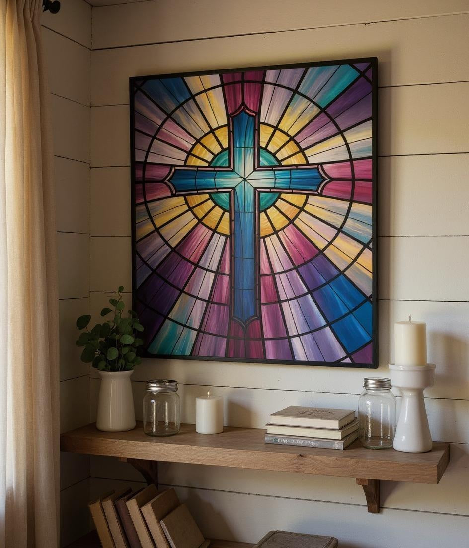 "Stained Glass Cross" - Church Window Style Metal Wall Art