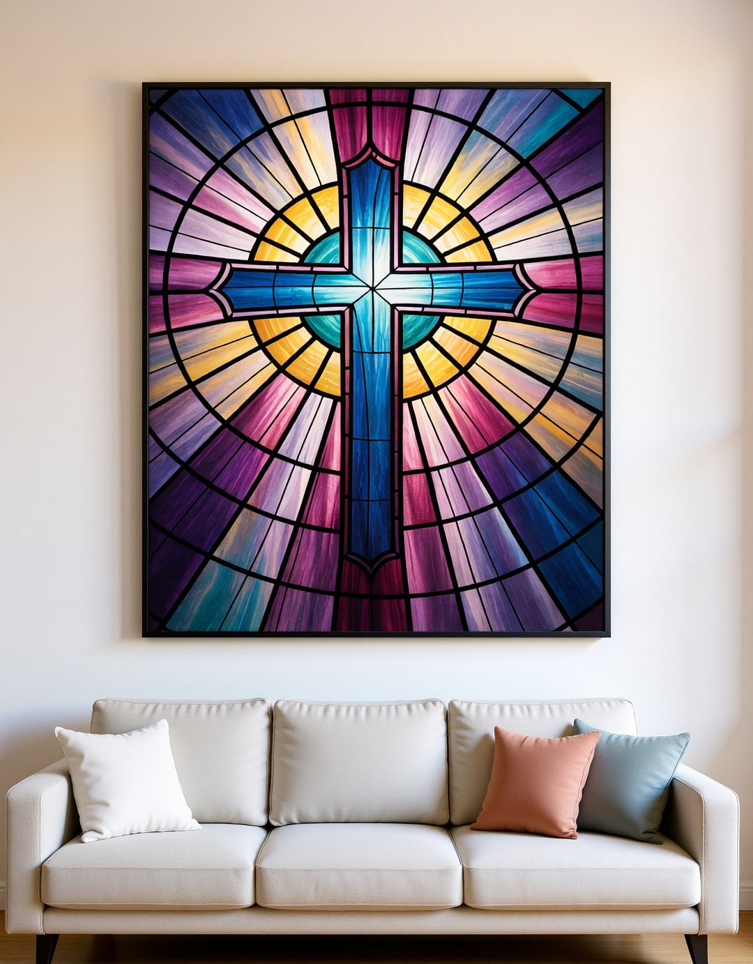 "Stained Glass Cross" - Church Window Style Metal Wall Art