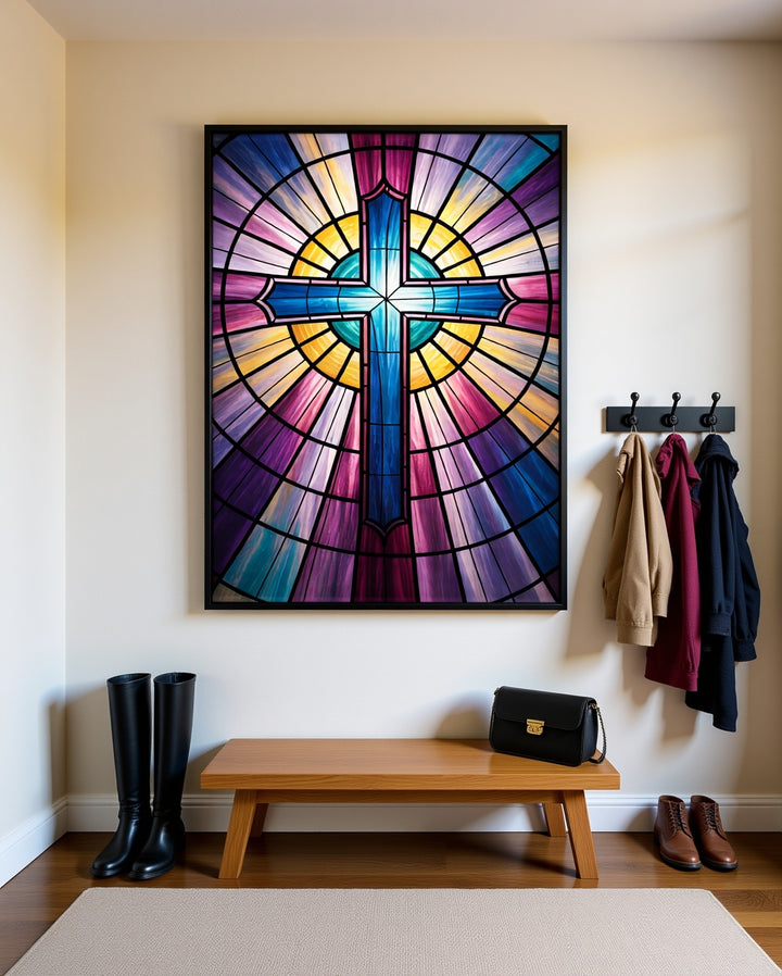"Stained Glass Cross" - Church Window Style Metal Wall Art