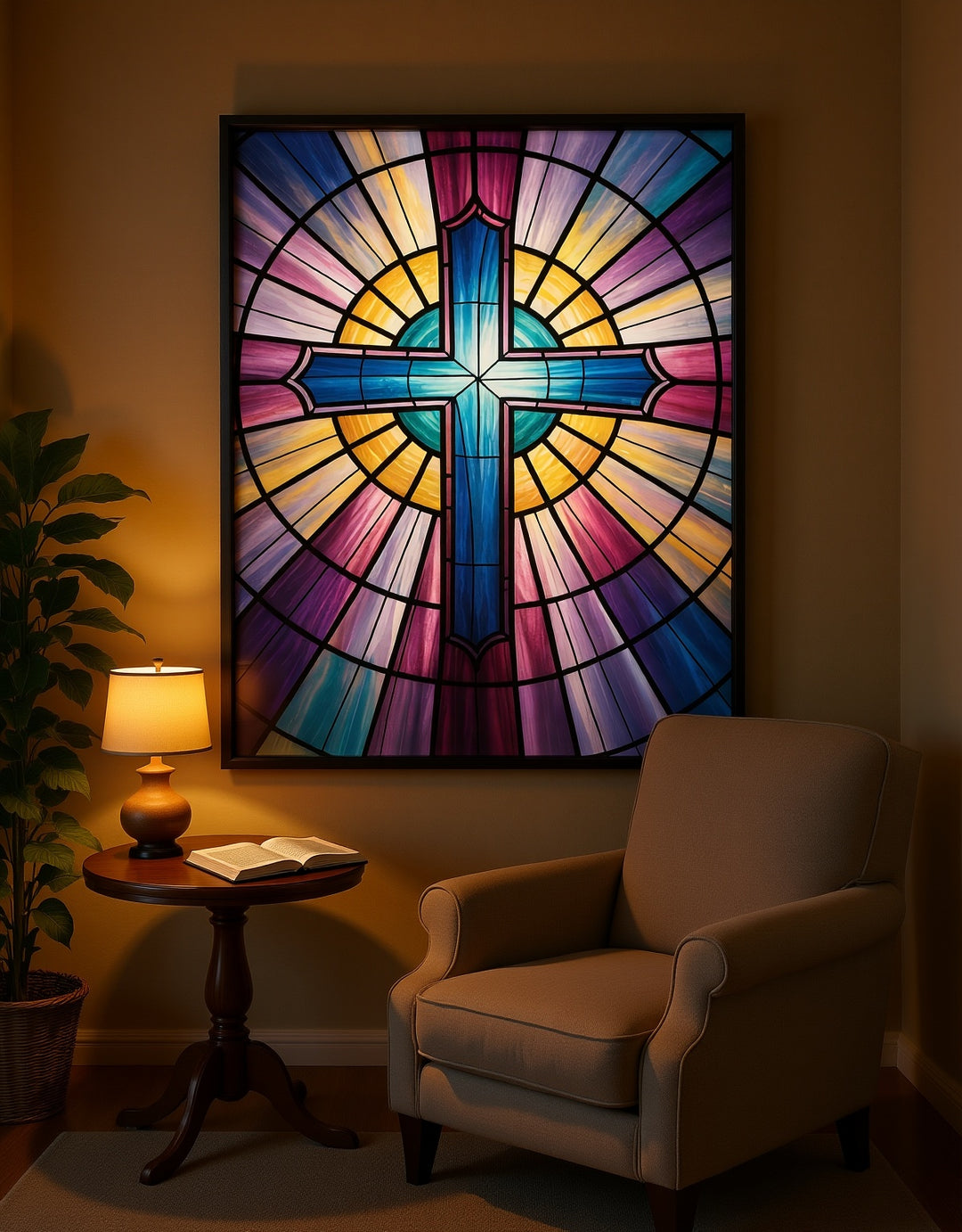"Stained Glass Cross" - Church Window Style Metal Wall Art