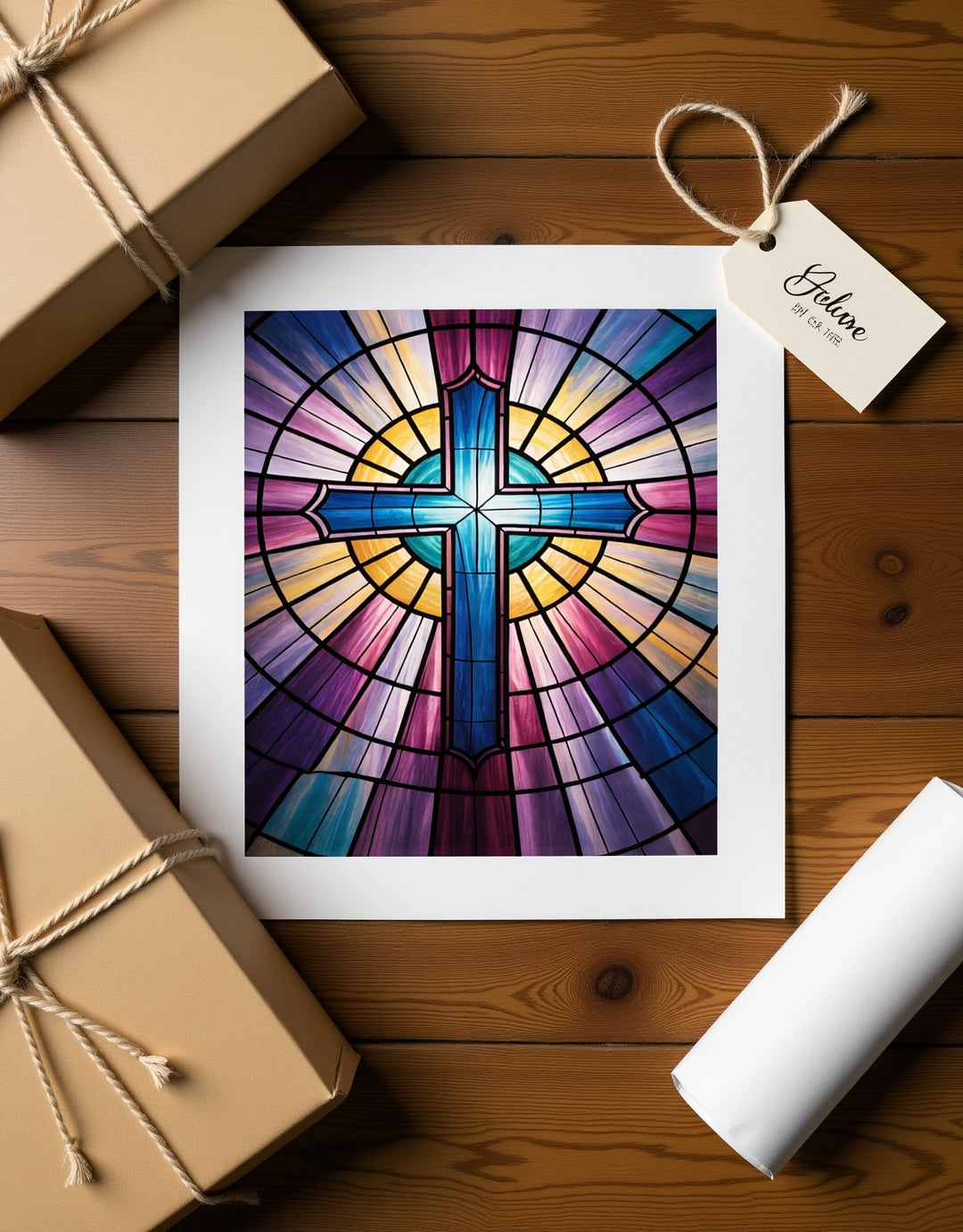 "Stained Glass Cross" - Church Window Style Metal Wall Art